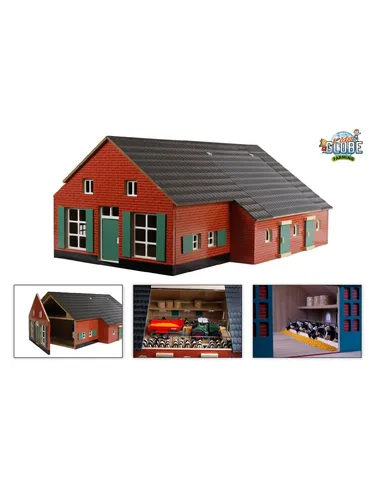 Kids Globe Farm House with Stable 1:32 - Holzspielzeug für Kinder, mit einem offenen Wohnbereich und einem großen Stall für kreative Rollenspiele und fantasievolles Spielen.