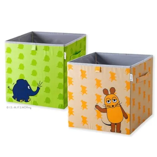 LIFENEY meets Die Maus 2x Aufbewahrungsbox mit Streuprint – Boxen im 2er Set mit der kultigen Maus und dem beliebten Elefanten – 33 x 33 x 33 cm passend für klassische Würfelregale