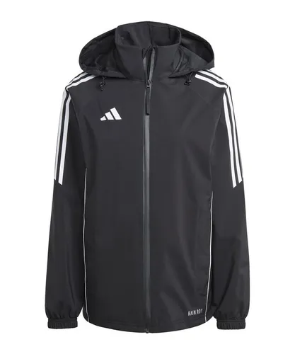 Adidas TIRO24 Regenjacke Damen - Schwarz, wetterfest und stylisch - Die Adidas Tiro 24 Regenjacke für Damen bietet optimalen Wetterschutz mit RAIN.RDY-Technologie. Ideal für dein Training, und umweltfreundlich aus recycelten Materialien gefertigt.