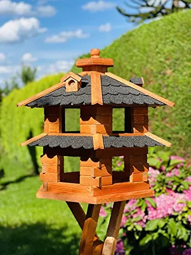 DARLUX Vogelvilla wetterfest von L bis XXL Futterhaus Vogelhaus mit oder ohne Ständer in Braun mit Rot, Grün oder Blau für Garten und Balkon (Größe XL ohne Ständer, Schwarz - Braun)