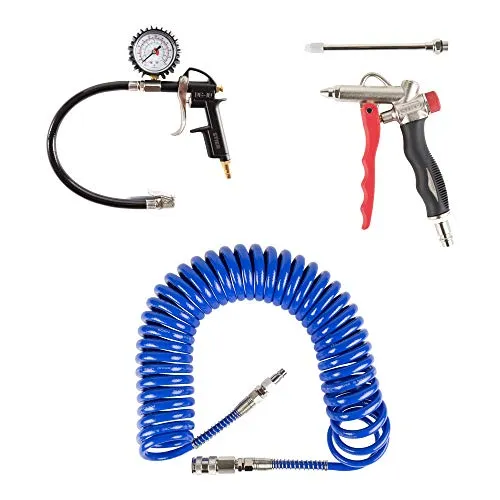 STIER Druckluft-Set Premium 3-teilig - Druckluftpistolen Set mit Reifenfüllmessgerät, Spiralschlauch und Ausblaspistole. Robuste Bauweise mit Knickschutz für langlebige Nutzung im Kfz-Bereich.