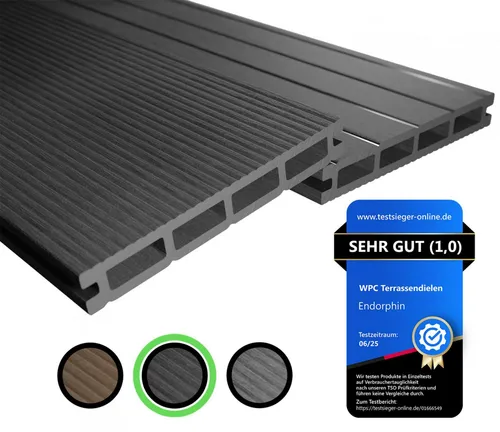 Endorphin® WPC Terrassendielen Komplettbausatz - Anthrazit 6 qm - Holzfliesen mit 6 robusten Hohlkammer-Dielen, ideal für langlebige Terrassenlösungen. Inklusive Unterkonstruktion und Zubehör für einfache Montage.