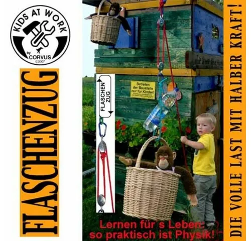 Corvus A750130 - Kids at Work Seilzug mit Karabiner - Kunststoffspielzeug für Kinder, max. Tragkraft 15 kg, 5 m Seil aus Polypropylen, ideal für das Erlernen physikalischer Gesetze und kreatives Spielen.