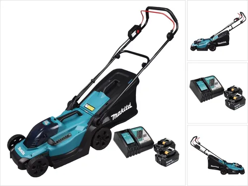 Makita DLM 330 RG2 Akku Rasenmäher 18 V mit 2x 6,0 Ah Akku - Elektrorasenmäher mit 33 cm Schnittbreite, ideal für kleine Rasenflächen. Umweltschonend und leise im Betrieb, perfekt für Wohngebiete.