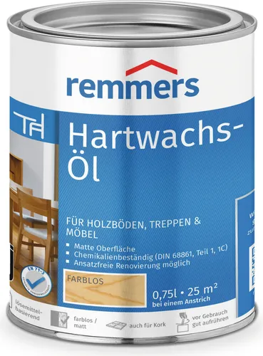 Remmers Hartwachs-Öl 0,75 l farblos - Langlebiges Holzöl - Holzpflege, Holzversiegler & Holzöl - Ideal für Holzböden, Möbel und Korkböden, schmutzabweisend und langlebig für optimalen Schutz.