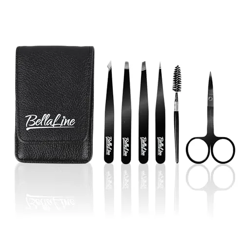 BellaLine Pinzetten Set – Professionelles Augenbrauen Pinzetten Set mit Schere & Bürstchen – 6-teiliges Präzisions Set mit Etui – Für Augenbrauen, Härchen & Splitter (Schwarz)