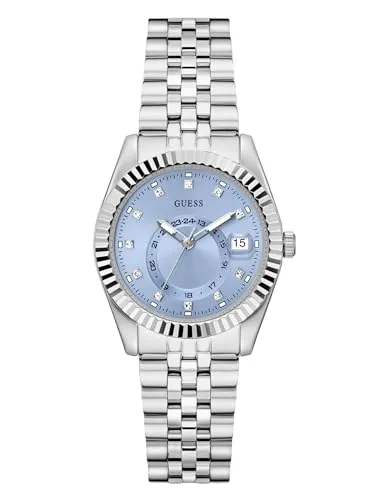 Guess Damen-Armbanduhr JADA Silber 34mm mit Edelstahlarmband - Elegante Damenuhr mit modernem Design und 3 bar Wasserschutz. Ideal für den Alltag und besondere Anlässe. Hochwertiges Edelstahlarmband bietet Komfort und Vielseitigkeit.