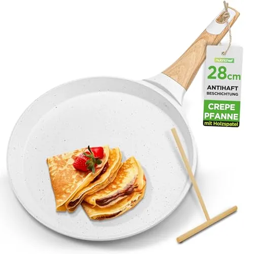 Nutrichef Crepe Pfanne 28 cm Induktion Antihaft Weiß – Pfannkuchenpfanne Marmorbeschichtet Aluminium mit Holzspatel für Pancake Crepes PFOA Frei Leicht Reinigung, Alle Herdarten