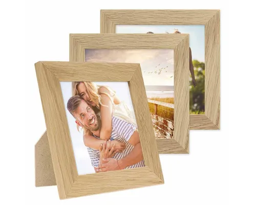 PHOTOLINI Bilderrahmen 15x15 cm Eiche Massivholz, breite Rahmen, 3er Set, modern, bruchsicheres Acrylglas, zum Aufhängen & Aufstellen, extra Zubehör - für Ihre stilvolle Wanddekoration