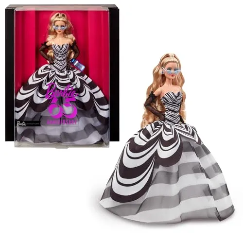 Barbie Signature-Puppe HRM58 - 65. Jubiläum, elegante schwarz-weiße Robe mit Saphir-Ohrringen und Sonnenbrille