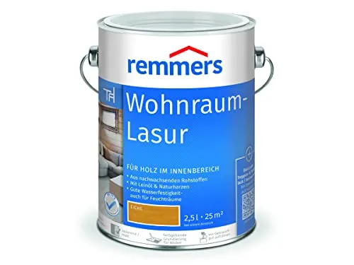 Remmers Wohnraum-Lasur Eiche 2,5 l - Holzlasur für Innenräume - Hochwertige, wasserbasierte Holzlasur auf Naturharz- und Leinölbasis. Ideal für Möbel, Türen und Feuchträume mit hervorragender Wasser- und Chemikalienbeständigkeit.
