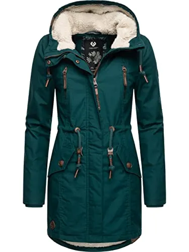 Ragwear Damen Mantel Elsie Intl Dark Green - Warme Winterjacke mit Teddyfell-Kapuze - Funktionsjacke, 100% vegan mit wasserabweisendem Oberstoff und weichem Teddyfutter, ideal für kalte Herbst- und Wintertage.
