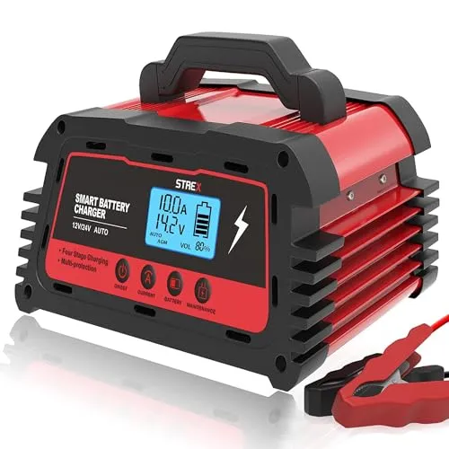 Strex Industrie Batterieladegerät 12/24V 5/10/25A - Reparaturmodus & Tropf-Ladegerät - Fahrzeugbatterie-Ladegeräte mit Reparaturmodus zur Wiederherstellung alter Batterien und LCD-Display für einfache Statusüberprüfung.