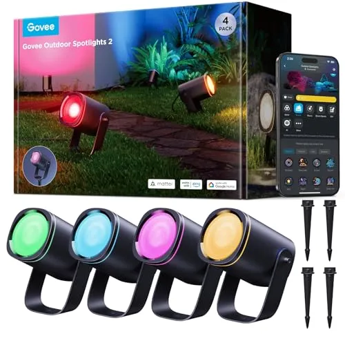 Govee Outdoor LED Strahler, IP67 Wasserdichte Gartenbeleuchtung, RGBWIC Led Strahler Außen, Dimmbar 700lm von 69 Szenenmodi und 16Mio. Farben, Funktioniert mit Alexa, Google Assistant, Matter. 4 Pack