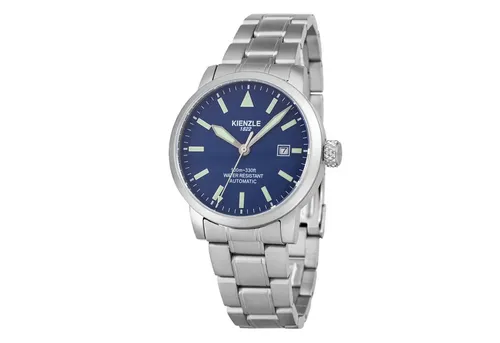 FLIEGER Automatic Armbanduhr Edelstahl KM416A - Silber/Blau - Diese elegante Automatikuhr vereint deutsches Uhrendesign mit robuster Funktionalität. Das 39-mm-Edelstahlgehäuse und das blaue Zifferblatt bieten nicht nur Stil, sondern auch Zuverlässigkeit für jedes Abenteuer. Wasserdicht bis 10 ATM.