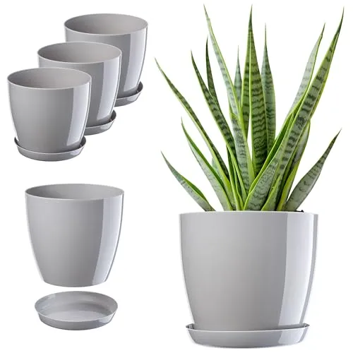 KADAX Blumentopf, Pflanzkübel-Set mit Untersetzer, Blumenkübel aus Kunststoff, runder Pflanztopf für Innenbereich, Übertopf für Blumen und Zimmerpflanzen, Kräutertopf (Set of 3 – 18cm, grau)
