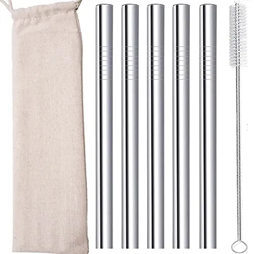 Bubble Tea Strohhalme Edelstahl Strohhalm Wiederverwendbar Boba Straw Metall Smoothie Tapioka Perle Milchshake Jumbo Blasentee Strohhalme Dicke 12mm Breit mit Silikonspitzen Bürste Silber 5pcs