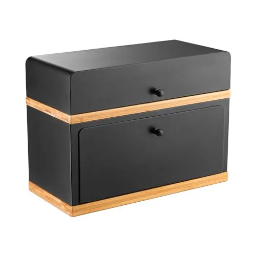 Kos Design brotkasten schwarz - 2 Etagen Brotbox Metall Holz, Brotaufbewahrung für Küche, Brotbox mit Metall Brotdose, Stilvolle Bread Box Aufbewahrungsbox für Brot und Gebäck, Robuste Brotkiste