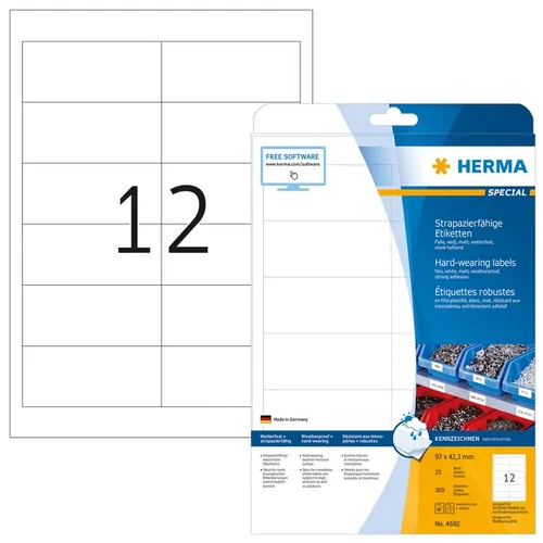 HERMA 4692 Wetterfeste Folien-Etiketten DIN A4 97 x 42,3 mm - Vielzweck-Etiketten, wetterfest und ideal für den Einsatz im Freien, 25 Blatt für vielseitige Anwendungen