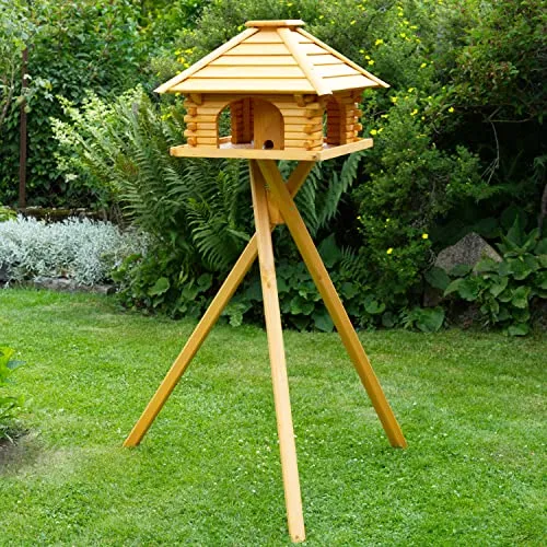 Stabiles Futterhaus für Vögel, imprägniert mit Ständer - Nistkästen aus Holzlamellen, ideal für die Futterbefüllung dank abnehmbaren Schornstein. Perfekt für Gartenliebhaber, Höhe mit Ständer 1,05 m.