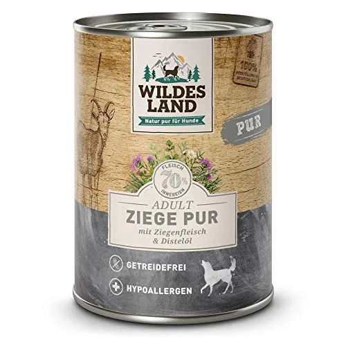Wildes Land - Ziege PUR - 6 x 400 g - Mit Distelöl - Nassfutter für Hunde - Hoher Fleischanteil - Hypoallergen - Getreidefrei und Glutenfreies Hundefutter