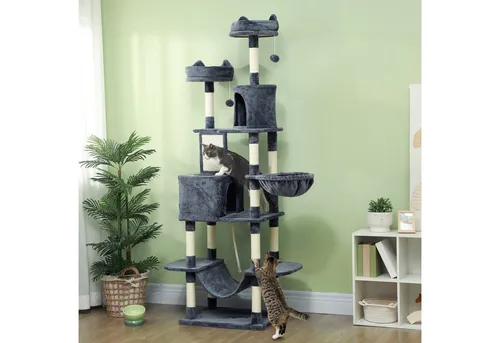 PawHut Kratzbaum 206 cm, mit Höhle, 2 Spielballen, Sisalstämme, Plattform, mehrstöckig, für große Katzen, Dunkelgrau