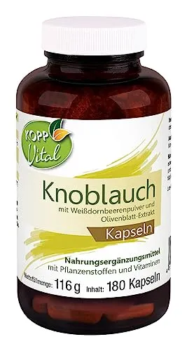 Kopp Vital Knoblauch Plus | 105 g | 180 Kapseln | Plus Weißdorn-Pulver | Olivenblatt-Extrakt | Nahrunsergänzungsmittel