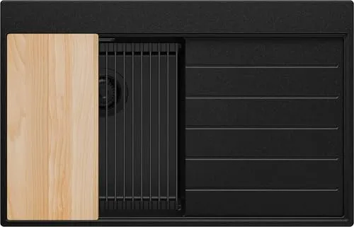 PRIMAGRAN Spülbecken Alles Schwarz 78x50cm, Granitspüle 1 Becken + Ablauf-Set + Küchenzubehörset, Küchenspüle ab 45er Unterschrank - Sydney S213