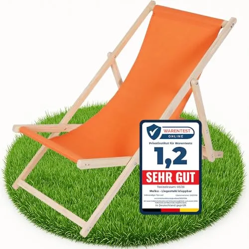 Melko Gartenstuhl Strandliege - Klappbare Holzliege in Orange - Stühle: Klappbare Freizeitliege aus Kiefernholz, kippsicher und mit Sicherung gegen ungewolltes Zusammenklappen, ideal für Garten und Camping.