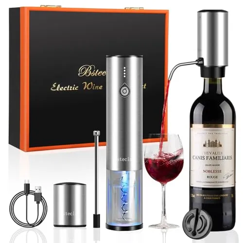 Bsteciar Elektrischer Weinkorkenzieher 4-in-1 Geschenkbox Set mit Automatischer Weindekanter & Weinöffner, Vakuumstopfen, Kapselschneider