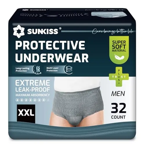 SUNKISS Inkontinenz Pants Männer, Tagsüber Einweg Erwachsenen Windelhosen, Herren Windeln mit Maximaler Saugfähigkeit, Grau, Größe XXL, 32 Stück 1er Pack