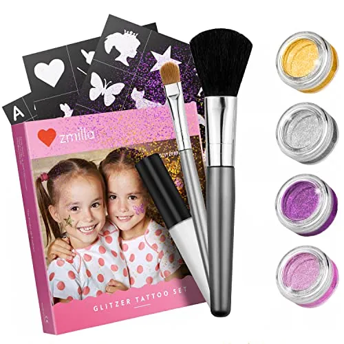 ZMILLA® BIO Glitzer Tattoo Set Kinder (4 Farben | 52 Schablonen) Für Mädchen | Glitzertattoos mit extra großen Dosen (Je 3g) - Inkl. 2 Pinsel & Kleber | Biologisch abbaubarer Glitzer