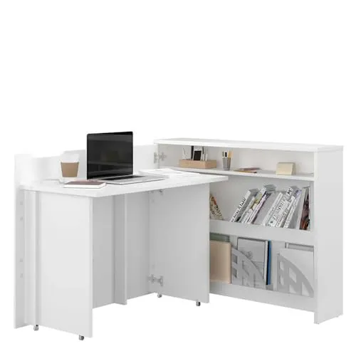 Homlando Lenart Work Concept CW-01L - Ausklappbarer Schreibtisch mit Regalen - Linke Seite - Arbeitsfläche Tischplatte 100 cm - Intelligentes Home Office (Weiß matt/Weiß glänzend (vorne))