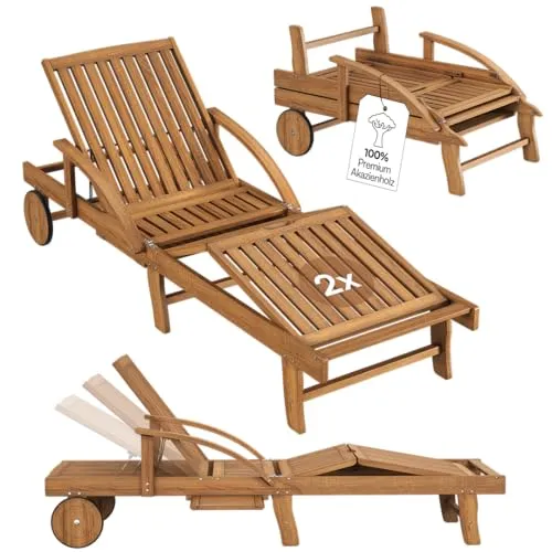 STEELSØN Mintaka Sonnenliege 2er Set – Klappbare Gartenliege mit Rollen & Tisch aus geöltem Akazienholz - Genießen Sie entspannte Stunden im Freien mit der klappbaren Sonnenliege. Flexibel verstellbare Rücken- und Fußlehne sowie praktische Ablage für Getränke machen sie zum perfekten Begleiter für Terrasse und Garten.