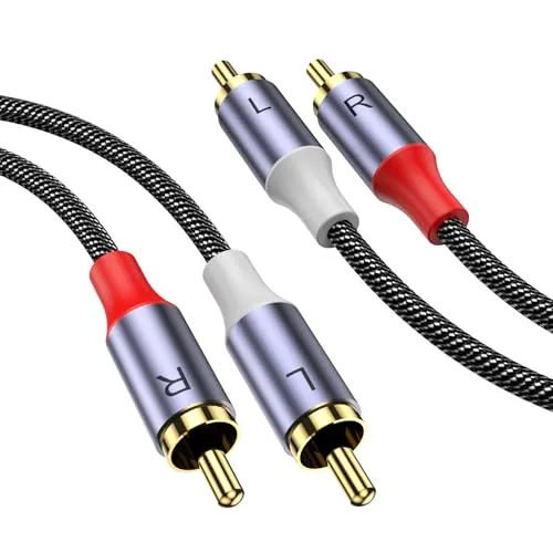 MOSWAG Stereo Cinch Kabel, Cinch Stecker auf Cinch Stecker, Stereo Hilfs Audiokabel, 10 m Subwoofer Kabel, 24 Karat vergoldetes, geflochtenes Nylon für Heimkino, Audio, HDTV, Autoradio, Lautsprecher