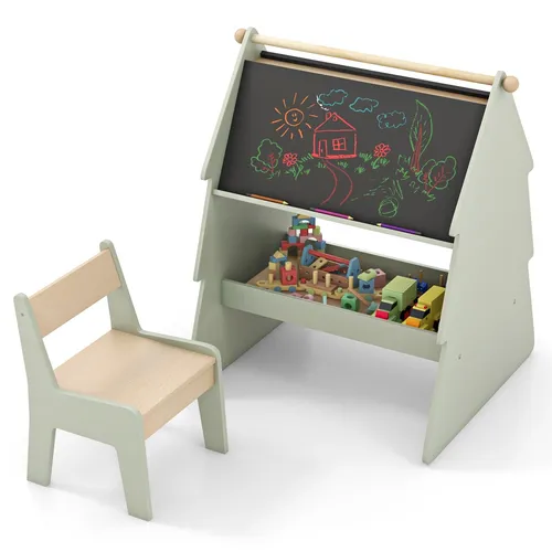 TLG. Kindersitzgruppe - Kindertisch mit Hocker und Staffelei - Spieltisch- & Stuhl-Sets für Kinder, kreatives Set mit Tisch und Hocker in fröhlichem Grün, ideal für kreative Spielstunden im Kinderzimmer.