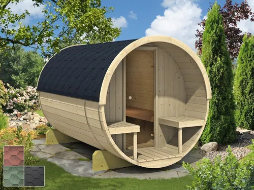 Finn Art Blockhaus Fasssauna Tommi 1, 42 mm, Schindeln schwarz, Outdoor Gartensauna, ohne Ofen
