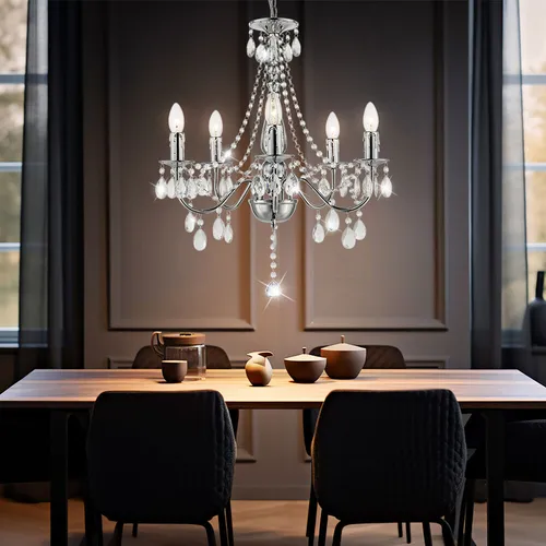 Eleganter Kronleuchter Hängelampe aus Chrom mit Kristallen, 5-flammig E14 - Stilvolle Pendelleuchte für Wohnzimmer und Esszimmer, mit funkelnden Acrylkristallen und fünf E14 Fassungen für eine brillante Ausleuchtung.