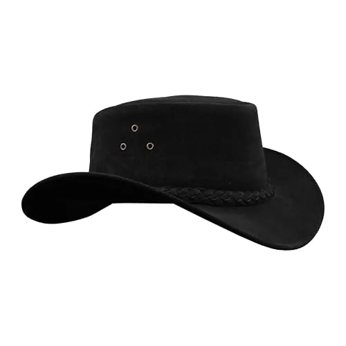 Leatherick Wasserdichter Cowboyhut Echtes Wildleder Schwarz & Dunkelbraun Aussie Style Western Outback Leder Bush Hut (L, Schwarz)