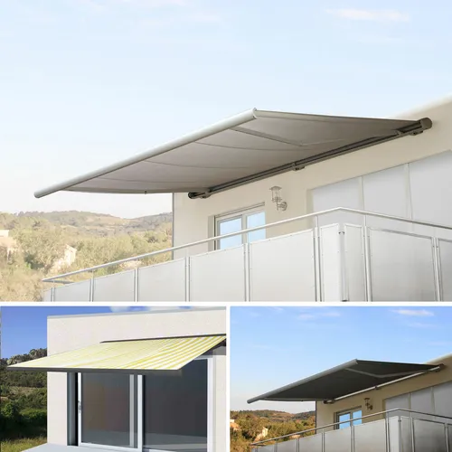 Elektrische Markise T122, Vollkassette 4x3m - Markisen & Terrassenüberdachungen, inklusive Wandhalterung und Handkurbel für manuellen Notbetrieb, ideal für optimalen Sonnenschutz und Komfort im Freien.