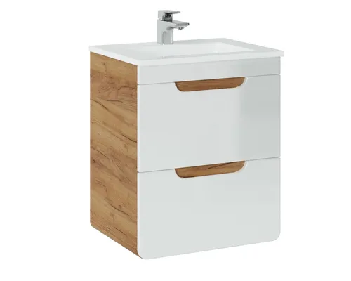 Waschbeckenunterschrank 40cm mit Hochglanz-Oberfläche - Moderner hängender Badezimmerschrank mit 2 Schubladen, ideal für platzsparende Lösungen. Aus Holz in Eiche/Weiß, bietet er viel Stauraum und passt perfekt in jedes Badezimmer.