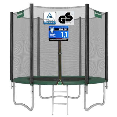 Produktbild SONGMICS Trampolin für den Außenbereich, für Kinder, Durchmesser 244 cm, externes Schutznetz, Sicherheitskissen, Leiter, gerade Stange 180 cm hoch, Stahlrahmen, Schwarz und Grün STR081C01