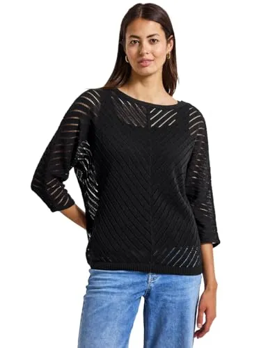 STREET ONE Damen 3015452 Strukturpullover, Black, 36 - Pullover für Damen mit durchscheinenden Details und U-Boot-Ausschnitt, ideal für lässige Layering-Looks und angenehmen Tragekomfort.