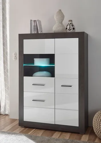Etero Highboard Vitrine 100cm dark concret / weiß Hochglanz Modern Glasfront