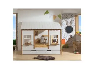 Landhausbett mit Dach 90x200 cm - Kinderzimmermöbel, charmantes Hausbett in Landhaus-Optik mit inklusive Lattenrost und praktischer Bettschublade für zusätzlichen Stauraum.