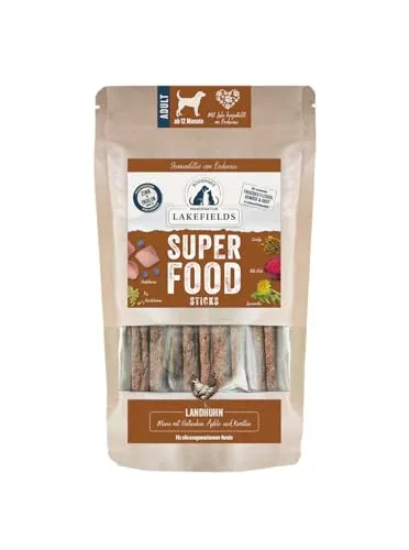 Lakefields SUPERFOOD Sticks | Premium Hundeleckerli vom Landhuhn | 61% Fleisch | 130g | Getreidefreie & nährstoffreiche Hunde Snacks | Heidelbeeren, Leinsamen & Rote Beete | Entwickelt mit Tierärzten