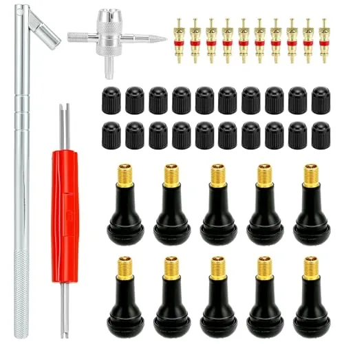 QWORK® 33-Teiliges reifenventil Werkzeug Set mit TR413 Gummiventil und Kupfer Ventilkern für Autos, Lastwagen, Fahrräder & Motorräder