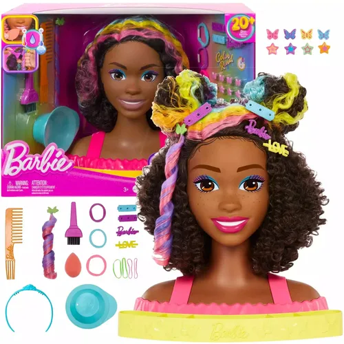 Mattel Styling Head Neon Rainbow Curly Hair HMD79 - Barbie Puppe - Anzieh- & Modepuppen mit Farbwechselüberraschungen! Über 20 Zubehörteile ermöglichen kreative Frisuren und bieten praktischen Stauraum für ein aufgeräumtes Spielen.