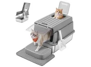 Feandrea Katzenklo Edelstahl mit Deckel und Schaufel, geräumig für Katzen bis 15 kg - Praktische Katzentoilette aus hochwertigem Edelstahl mit klappbarem Deckel für einfache Reinigung. Geräumig und mit 2 Eingängen bietet sie Komfort für Ihre Katze. Auslaufsicheres Design hält Ihr Zuhause sauber.