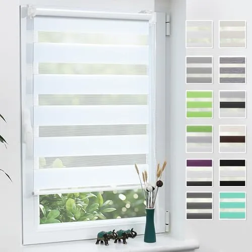 Grandekor Doppelrollo Klemmfix ohne Bohren 60x150cm Stoffbreite 60cm Weiß Fenster Rollos für innen Klemmrollos Duo Rollos für Fenster ohne Bohren mit Bohren Privatschutz UV-Schutz Zebrarollo